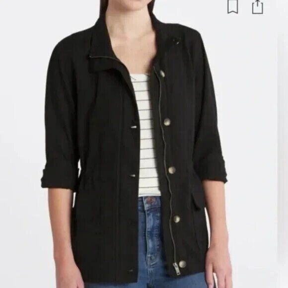 Market & Spruce Jacket Cara Black Linen Blend Button Zip - Picture 2 of 12